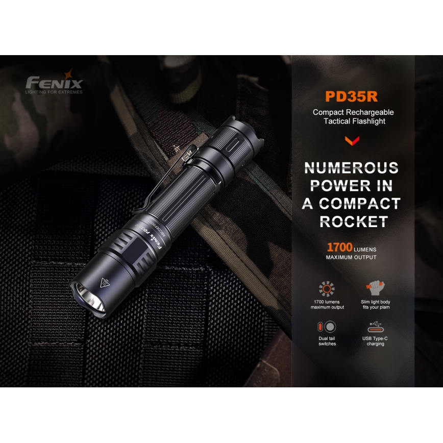 Fenix PD35R - LED Polnilna baterijska svetilka LED/USB/2xCR123A IP68 1700 lm 100 h 3400 mAh