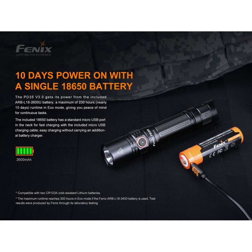 Fenix PD35V30 - LED polnilna svetilka LED/USB/2xCR123A IP68 1700 lm 230 h 2600 mAh