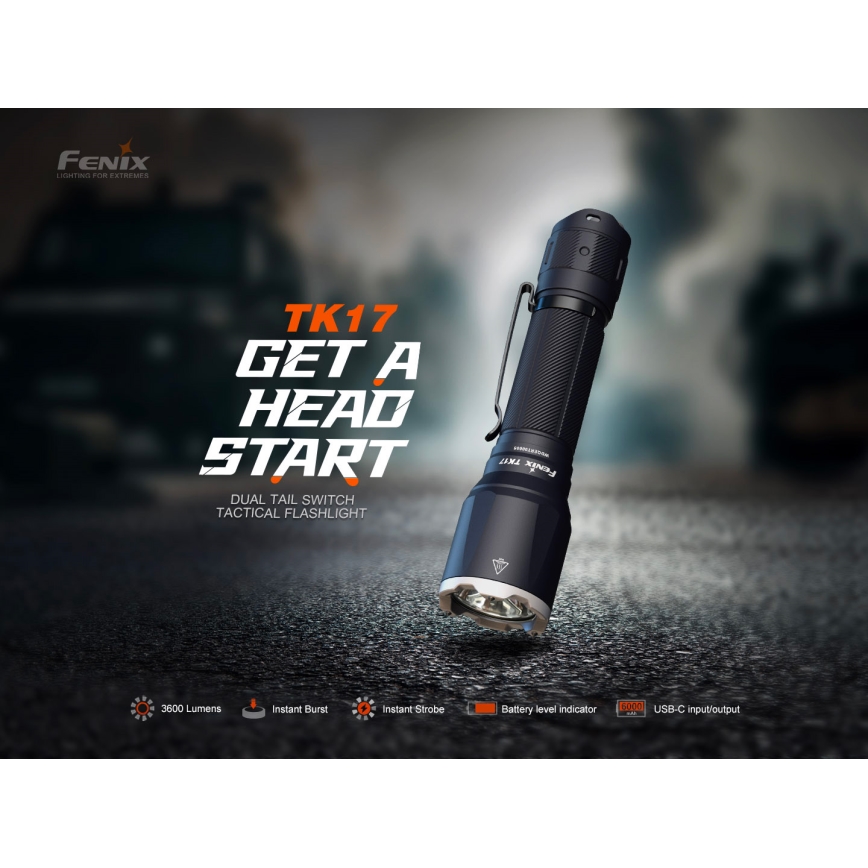 Fenix TK17BLK - zatemnjiva polnilna ročna svetilka LED/USB, 6000 mAh, IP68, 3600 lm, 60 h, črna