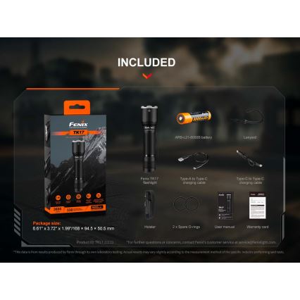 Fenix TK17BLK - zatemnjiva polnilna ročna svetilka LED/USB, 6000 mAh, IP68, 3600 lm, 60 h, črna