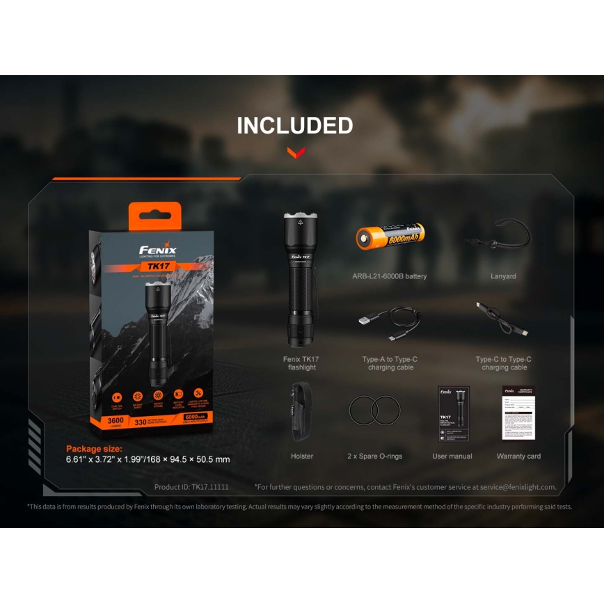 Fenix TK17BLK - zatemnjiva polnilna ročna svetilka LED/USB, 6000 mAh, IP68, 3600 lm, 60 h, črna