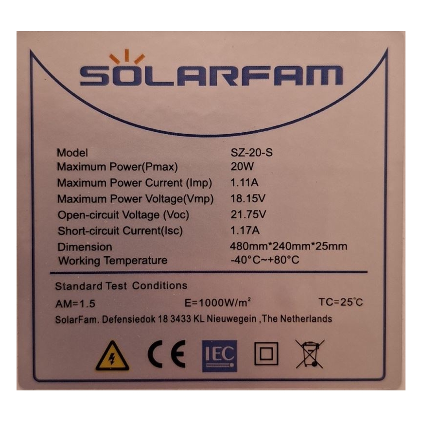 Fotovoltačni sončni panel 20W/12V