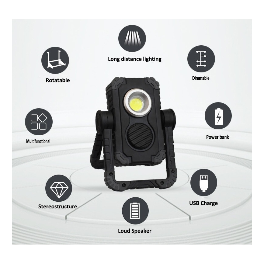 Fulgur 39947 - LED Akumulatorski reflektor LED/10W/3,7V z zvočnikom 5W IP44 + USB vrata