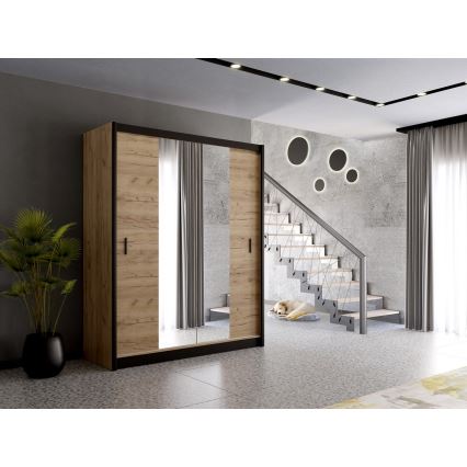 Garderobna omara z ogledalom MIRO 203x215 cm hrast craft/črna