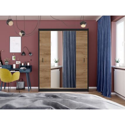 Garderobna omara z ogledalom MIRO 203x215 cm hrast craft/črna
