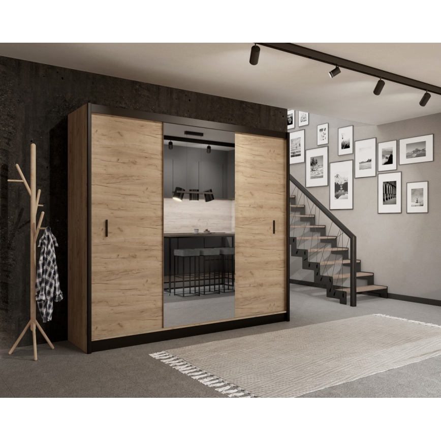 Garderobna omara z ogledalom MIRO 250x215 cm hrast craft/črna