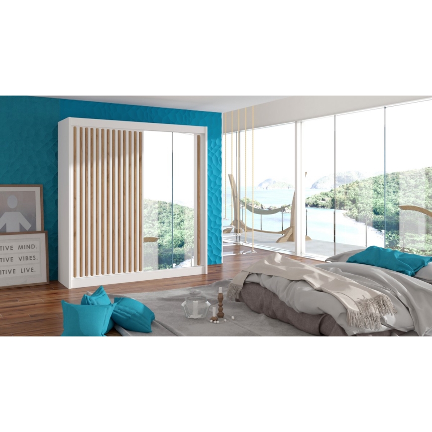 Garderobna omara z ogledalom SANTINO 203x215 cm bela/hrast craft