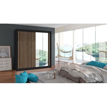 Garderobna omara z ogledalom SANTINO 203x215 cm črna/hrast craft