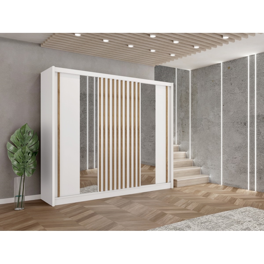 Garderobna omara z ogledalom SANTINO 250x215 cm bela/hrast craft