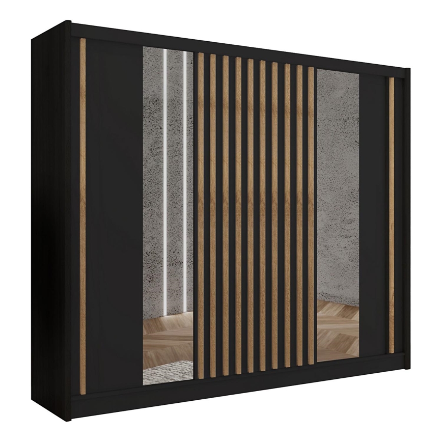 Garderobna omara z ogledalom SANTINO 250x215 cm črna/hrast craft