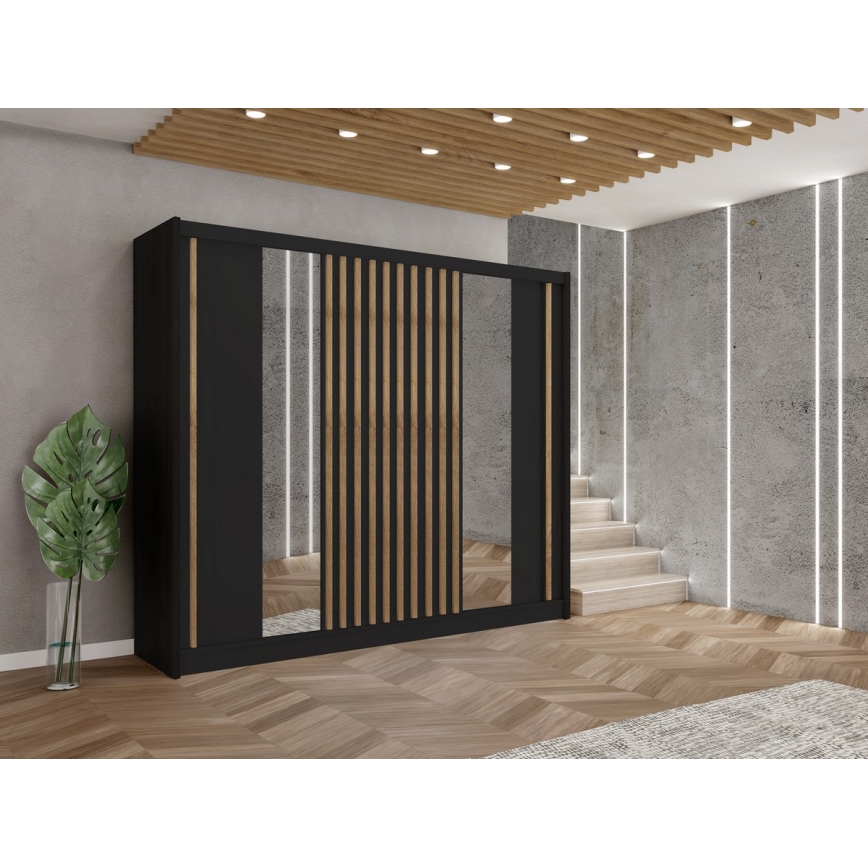 Garderobna omara z ogledalom SANTINO 250x215 cm črna/hrast craft