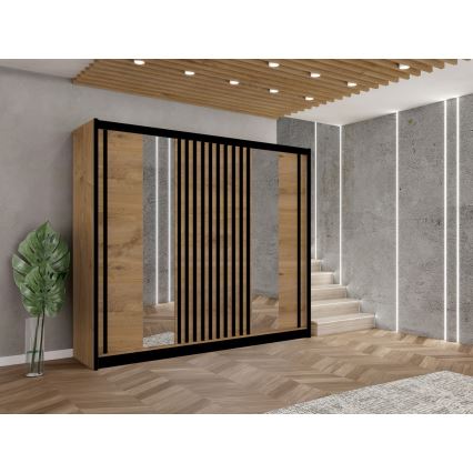 Garderobna omara z ogledalom SANTINO 250x215 cm hrast craft/črna