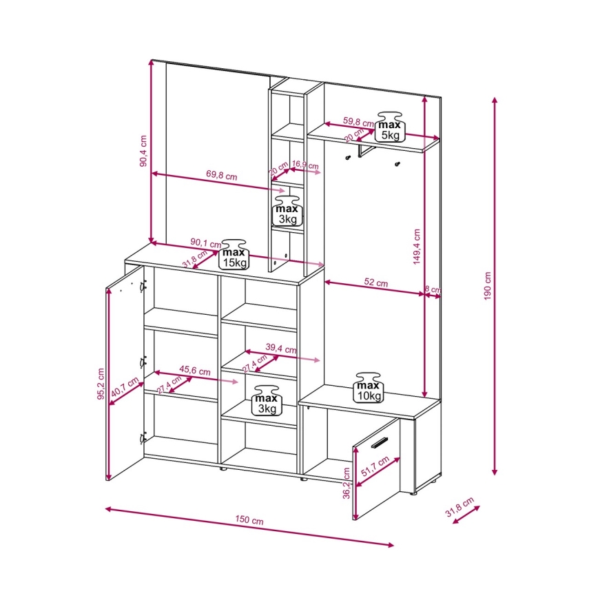 Garderobna stena z ogledalom KEVIN rjava/bela