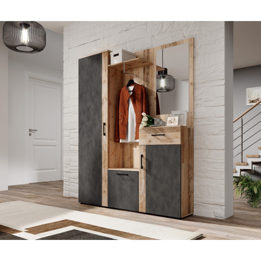 Garderobna stena z ogledalom NOLAN rjava/grafit