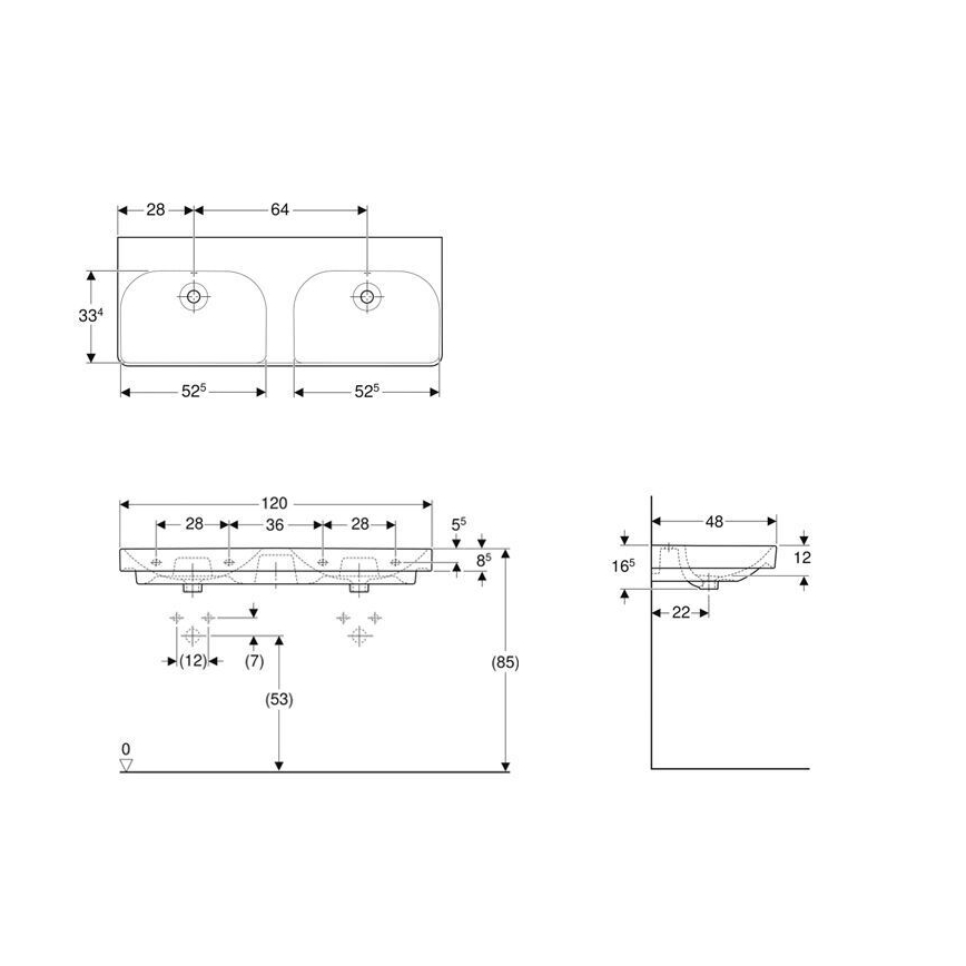Geberit 500.224.01.1 - Stenski dvojni umivalnik Smyle Square 120x48 cm keramika/bela