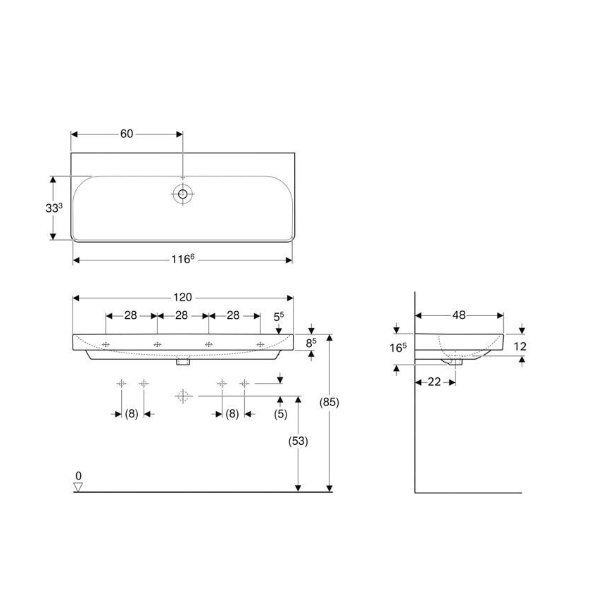 Geberit 500.225.01.1 - Stenski dvojni umivalnik Smyle Square 120x48 cm keramika/bela