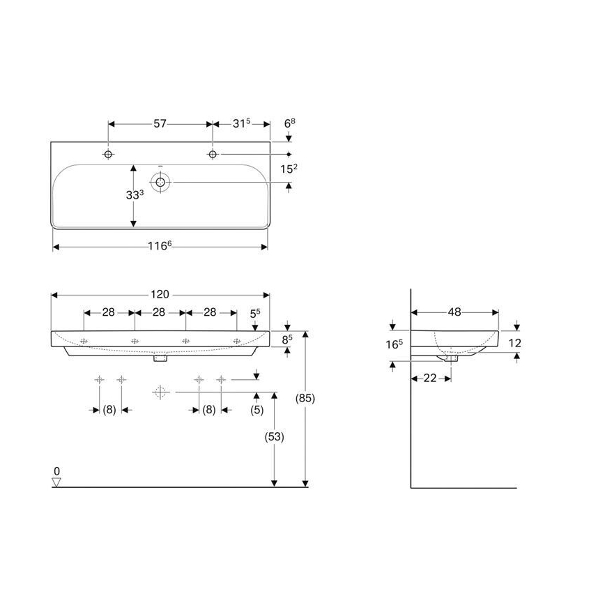 Geberit 500.253.01.1 - Stenski dvojni umivalnik Smyle Square 120x48 cm keramika/bela