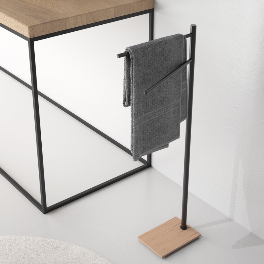 Gedy - Stojalo za brisače TRILLY 83,5 cm mat črna/bambus
