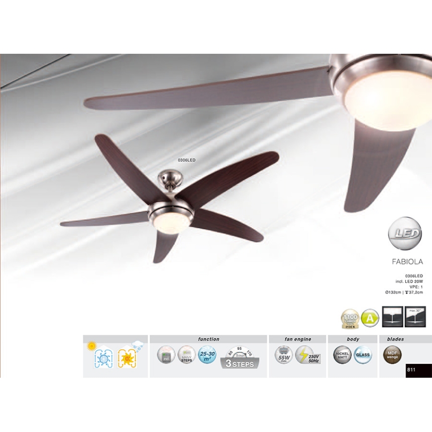 GLOBO 0306LED - Stropni ventilator FABIOLA 1xLED/20W/230V temen oreh