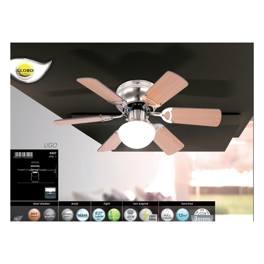 GLOBO 0307 - Stropni ventilator UGO 1xE27/60W/230V