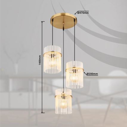 Globo - Lestenec na vrvici 3xE27/60W/230V pr. 47 cm zlata