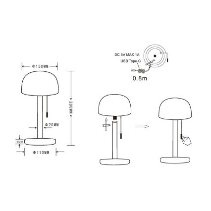 Globo - LED Polnilna namizna svetilka LED/1,5W/3,7V 3000/4200/6000K 1800mAh črna