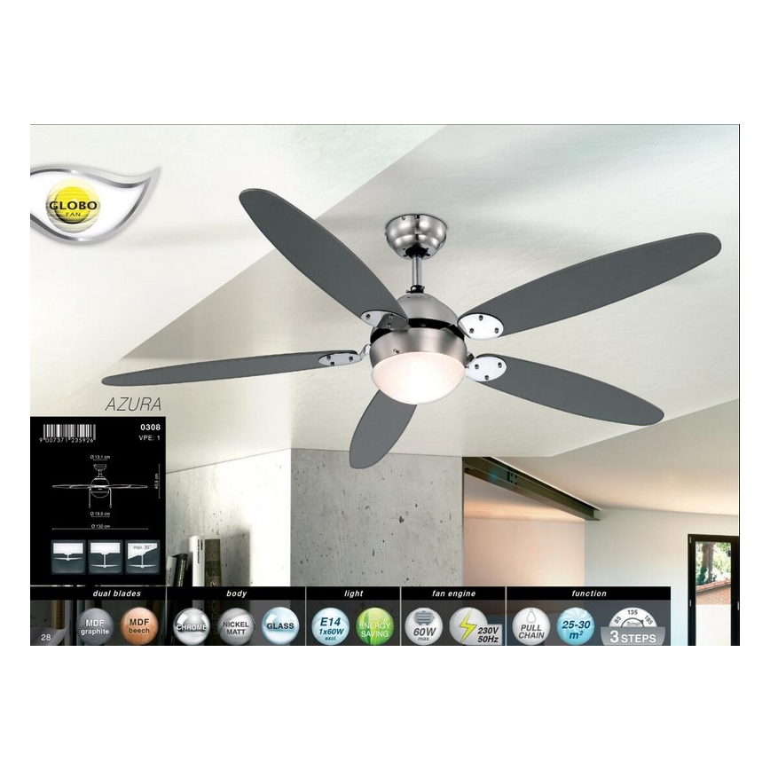 GLOBO 0308 - Stropni ventilator AZURA 1xE14/60W/230V