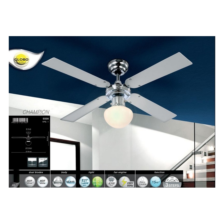 GLOBO 0330 - Stropni ventilator CHAMPION 1xE27/60W/230V