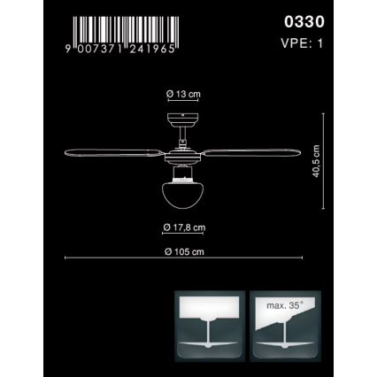 GLOBO 0330 - Stropni ventilator CHAMPION 1xE27/60W/230V