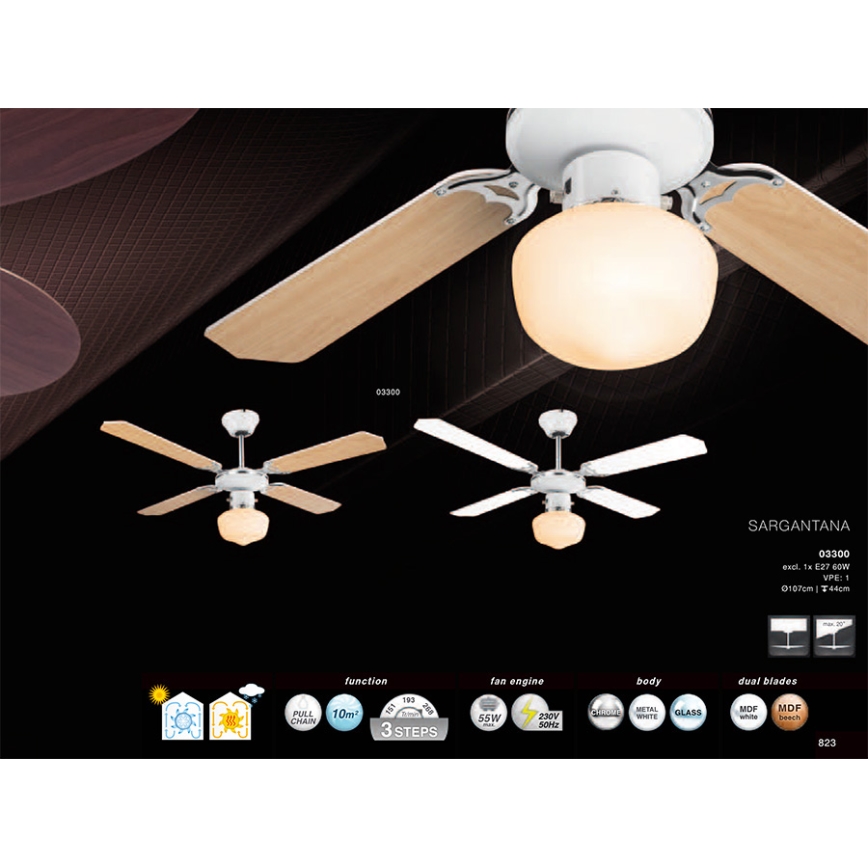 GLOBO 03300 - Stropni ventilator SARGANTANA 1xE27/60W/230V