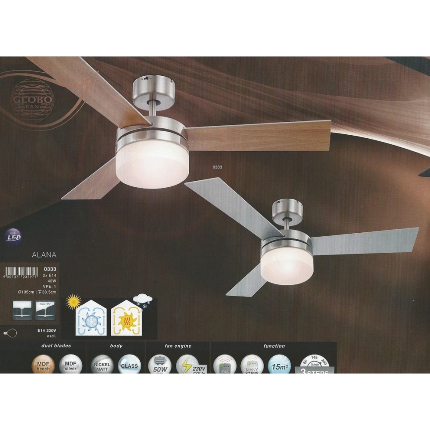 GLOBO 0333 - Stropni ventilator ALANA 2xE14/40W/230V