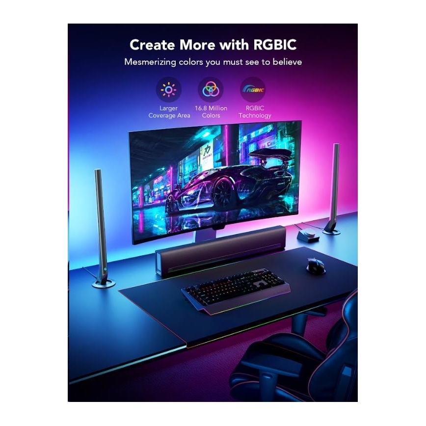 Govee - Komplet 2x Smart Gaming Wi-Fi LED RGBIC paneli + Smart Dual črna + daljinski upravljalnik