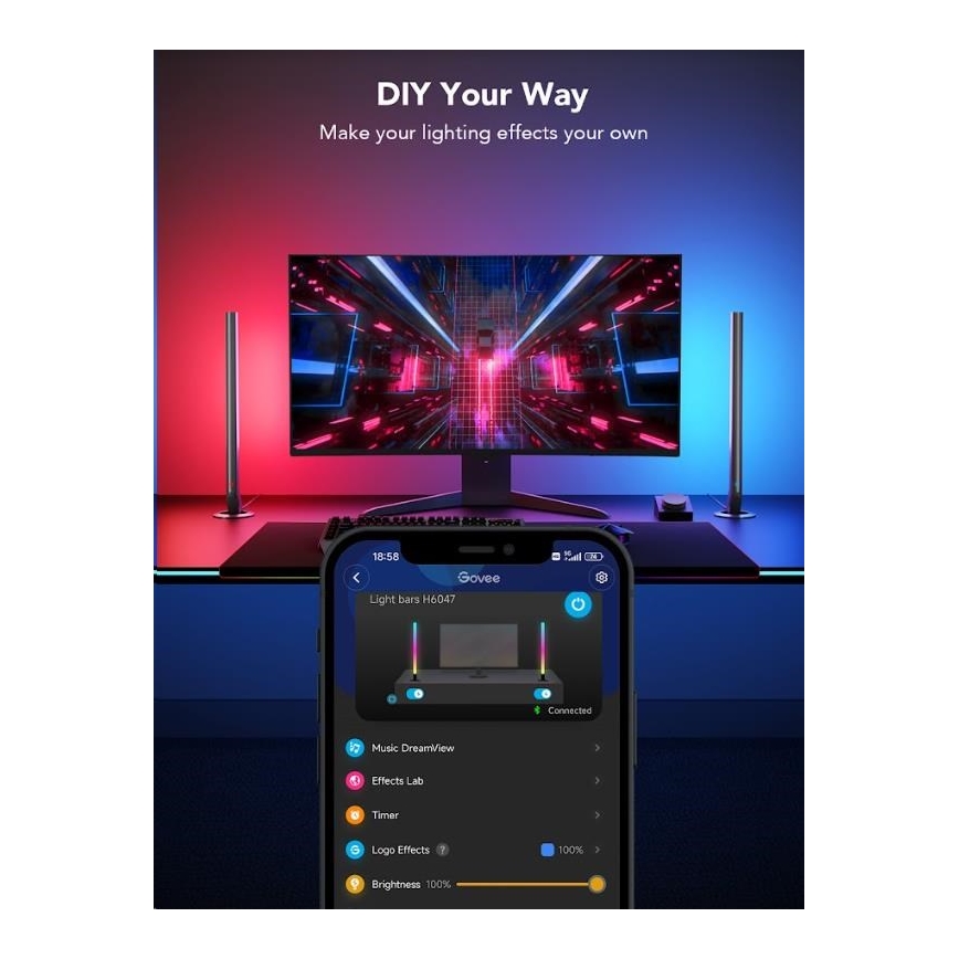 Govee - Komplet 2x Smart Gaming Wi-Fi LED RGBIC paneli + Smart Dual črna + daljinski upravljalnik