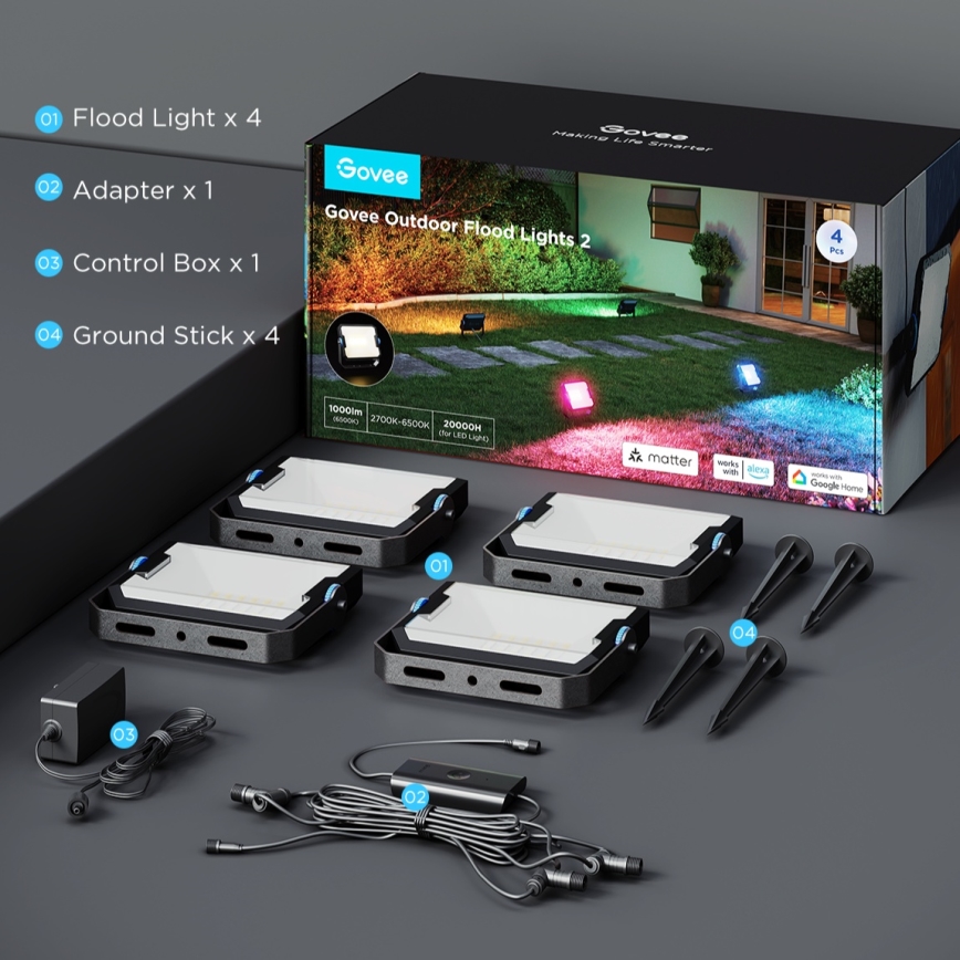 Govee - KOMPLET 4x zatemljivih LED reflektorjev RGBICWW, 24W/230V, IP66, mat, Wi‑Fi