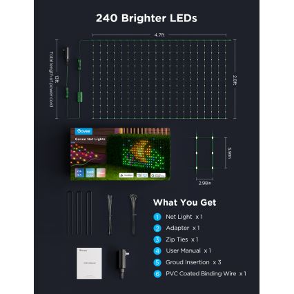 Govee - LED RGBIC mreža za zunanjo razsvetljavo 143x85cm Wi-Fi Matter IP65