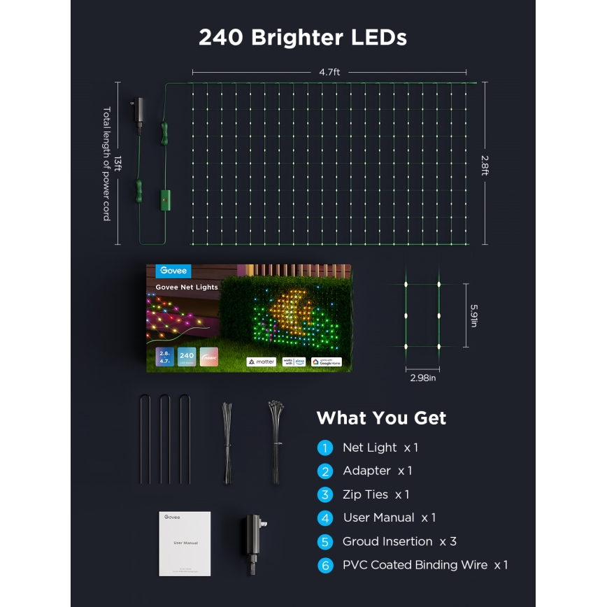 Govee - LED RGBIC mreža za zunanjo razsvetljavo 143x85cm Wi-Fi Matter IP65