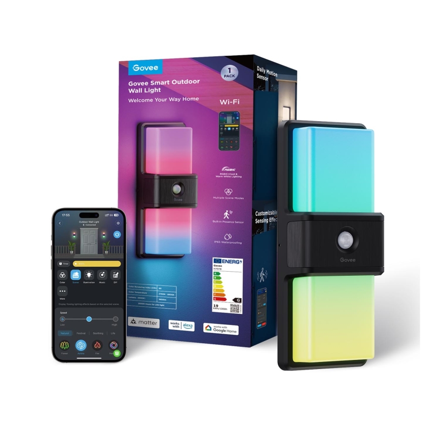 Govee - LED RGBIC Zatemnitvena zunanja senzorska stenska svetilka LED/230V IP65 2700-6500K Wi-Fi