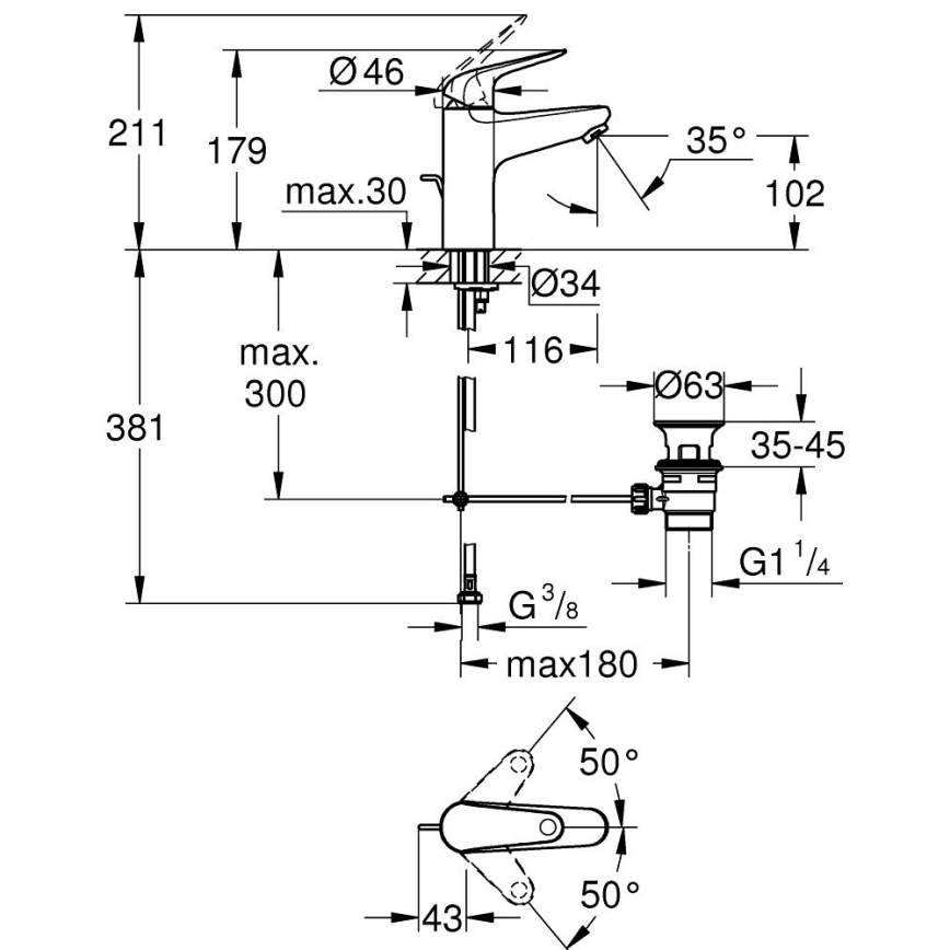 GROHE 24325001 - Pipa za umivalnik SWIFT DN 15, velikost M, sijajni krom
