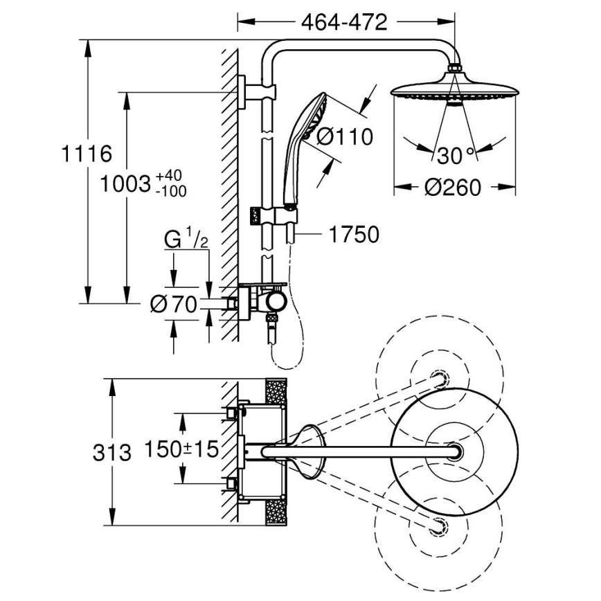 GROHE 26403002 - Tušni sistem VITALIO JOY 260 450 mm poliran krom