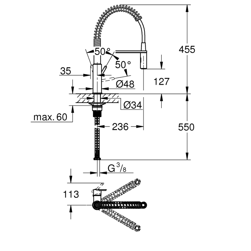 GROHE 30361000 - Pipa za pomivalno korito GET 455 mm, sijajni krom