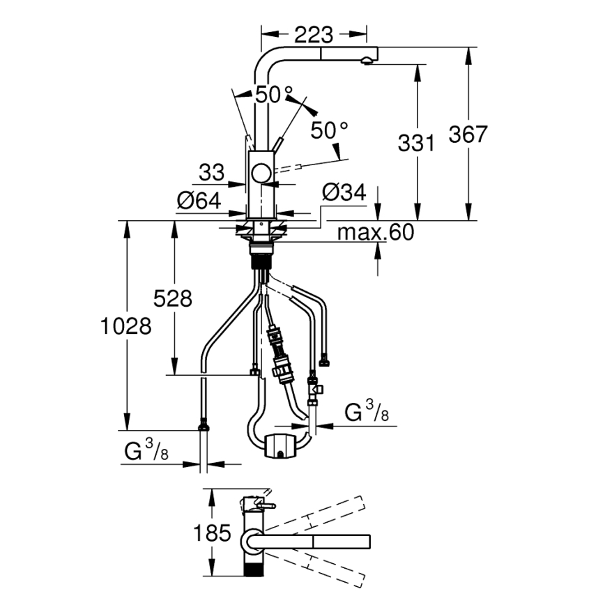 GROHE 30601DC0 - Kuhinjska armatura BLUE PURE z izvlečnim nastavkom iz nerjavečega jekla