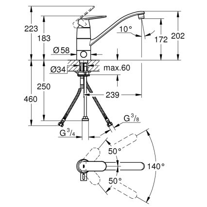 GROHE 31161000 - Pipa za pomivalno korito EUROSMART COSMOPOLITAN 140° sijajni krom