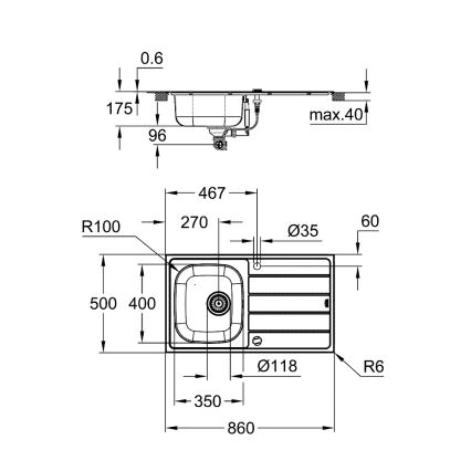 GROHE 31562SD1 - Komplet kuhinjskega pomivalnega korita in armature BAU 860 x 500 mm nerjaveče jeklo