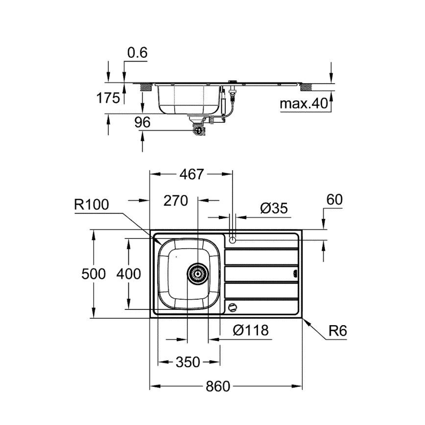 GROHE 31562SD1 - Komplet kuhinjskega pomivalnega korita in armature BAU 860 x 500 mm nerjaveče jeklo