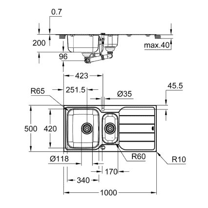 GROHE 31572SD1 - Pomivalno korito K500 1000 × 500 mm iz nerjavečega jekla