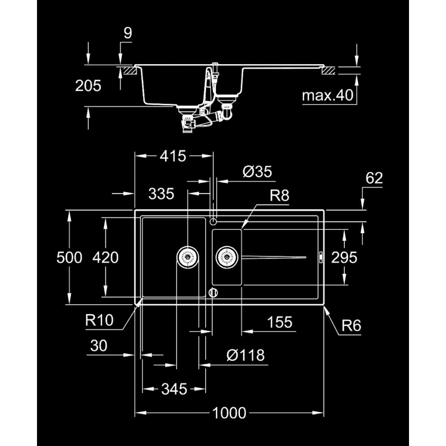 GROHE 31642AP0 - Pomivalno korito K400 1000 × 500 mm granit/črna