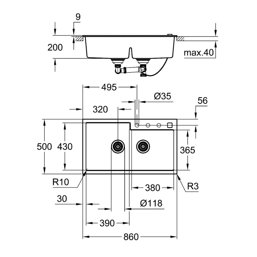 GROHE 31649AP0 - Pomivalno korito K500 860 × 500 mm granit/črna