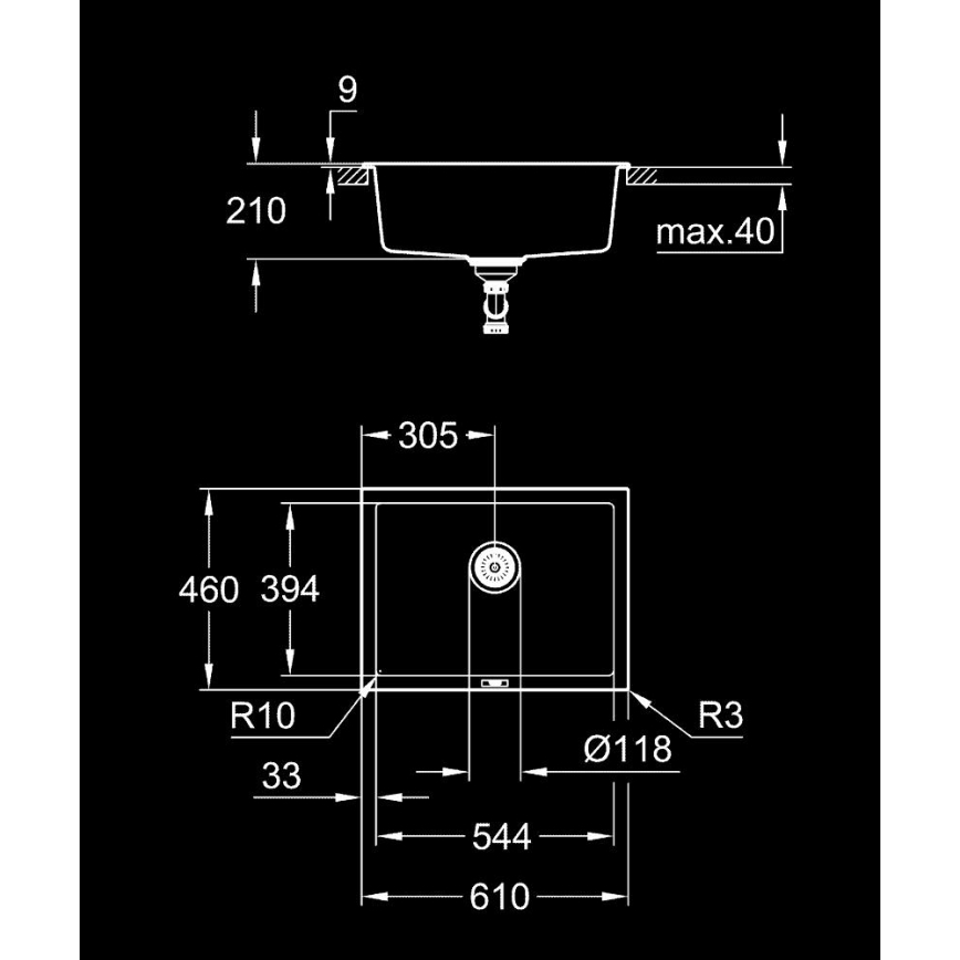 GROHE 31655AP0 - Pomivalno korito K700U 610 × 460 mm črni kamen/črna