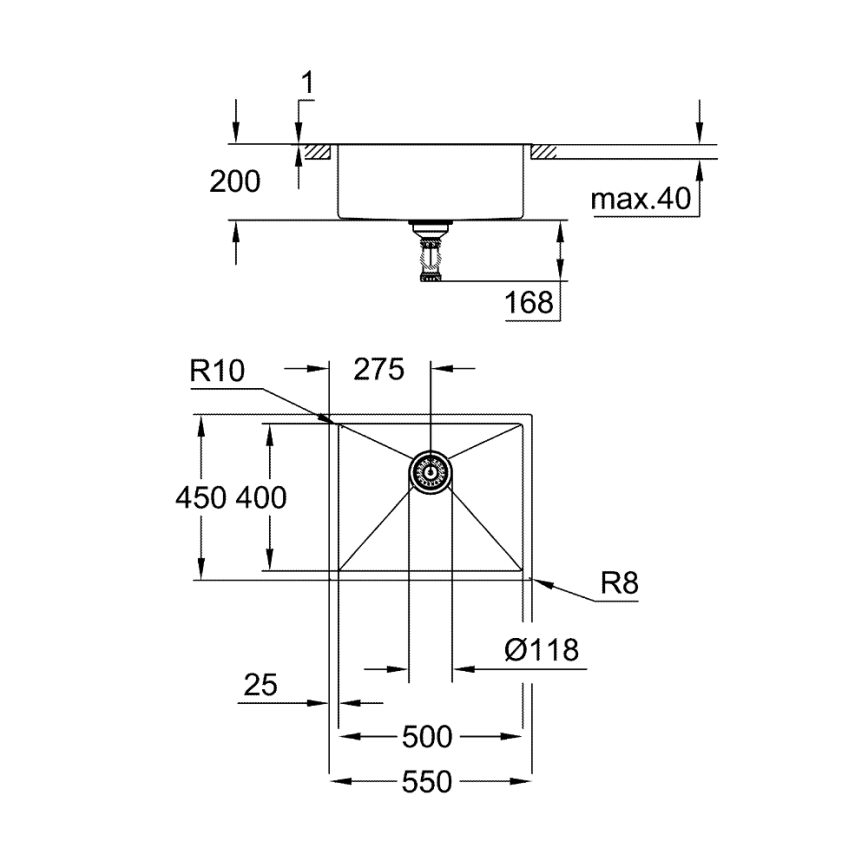 GROHE 31726SD0 - Kuhinjsko pomivalno korito K700 550 × 450 mm iz nerjavečega jekla