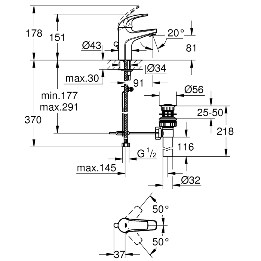 GROHE 32805000 - Umivalniška baterija BAUCURVE DN 15 sijajni krom